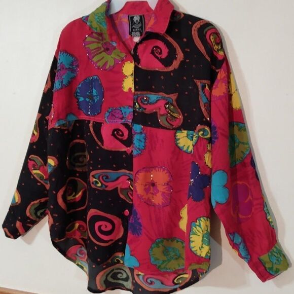 Vintage 1980's Short Circuit Beaded Mod Floral Printed Shirt - Picture 2 of 10